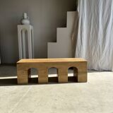 Solid monoxyl wood bench with carved 3-arch base - Natural wood color
