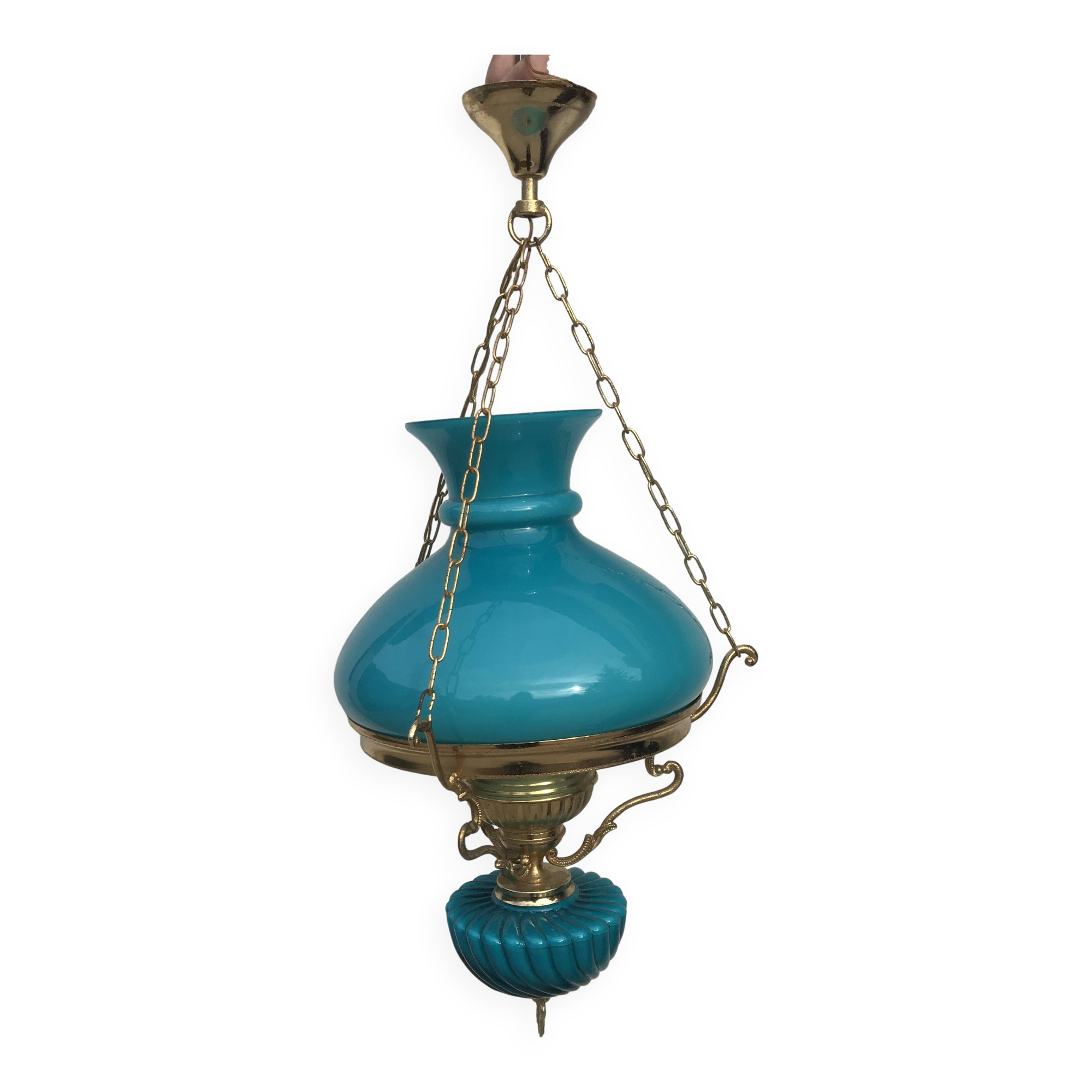 Pendant light in turquoise green opaline & brass