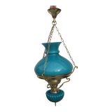Pendant light in turquoise green opaline & brass
