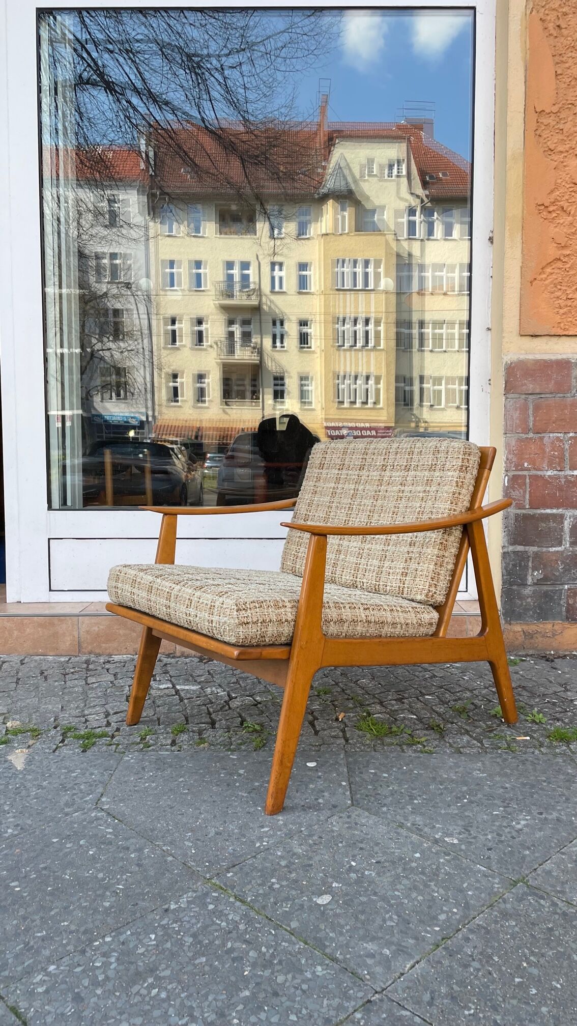 Scandinavian armchair in wood and wool 60s