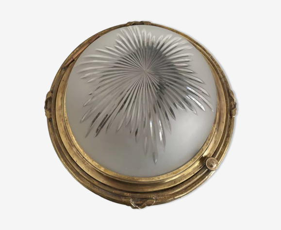 Plafonnier art déco en laiton massif et verre sablé, France 1930