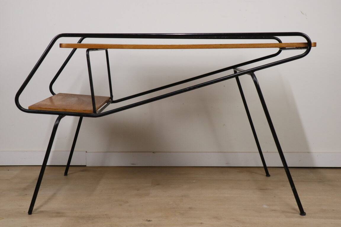 Vintage side coffee table in black lacquered metal and oak, 1950