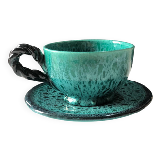 Turquoise Vallauris Braided Ceramic Cup and Saucer by Marius Giuge