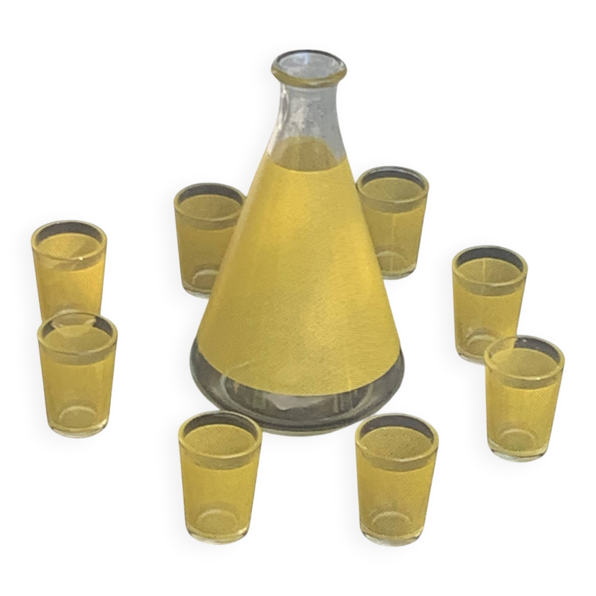 Liqueur set consisting of a glass carafe and 8 small yellow glasses