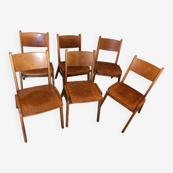 Set de 6 chaises empilables bois pieds compas Allemagne 1960’s