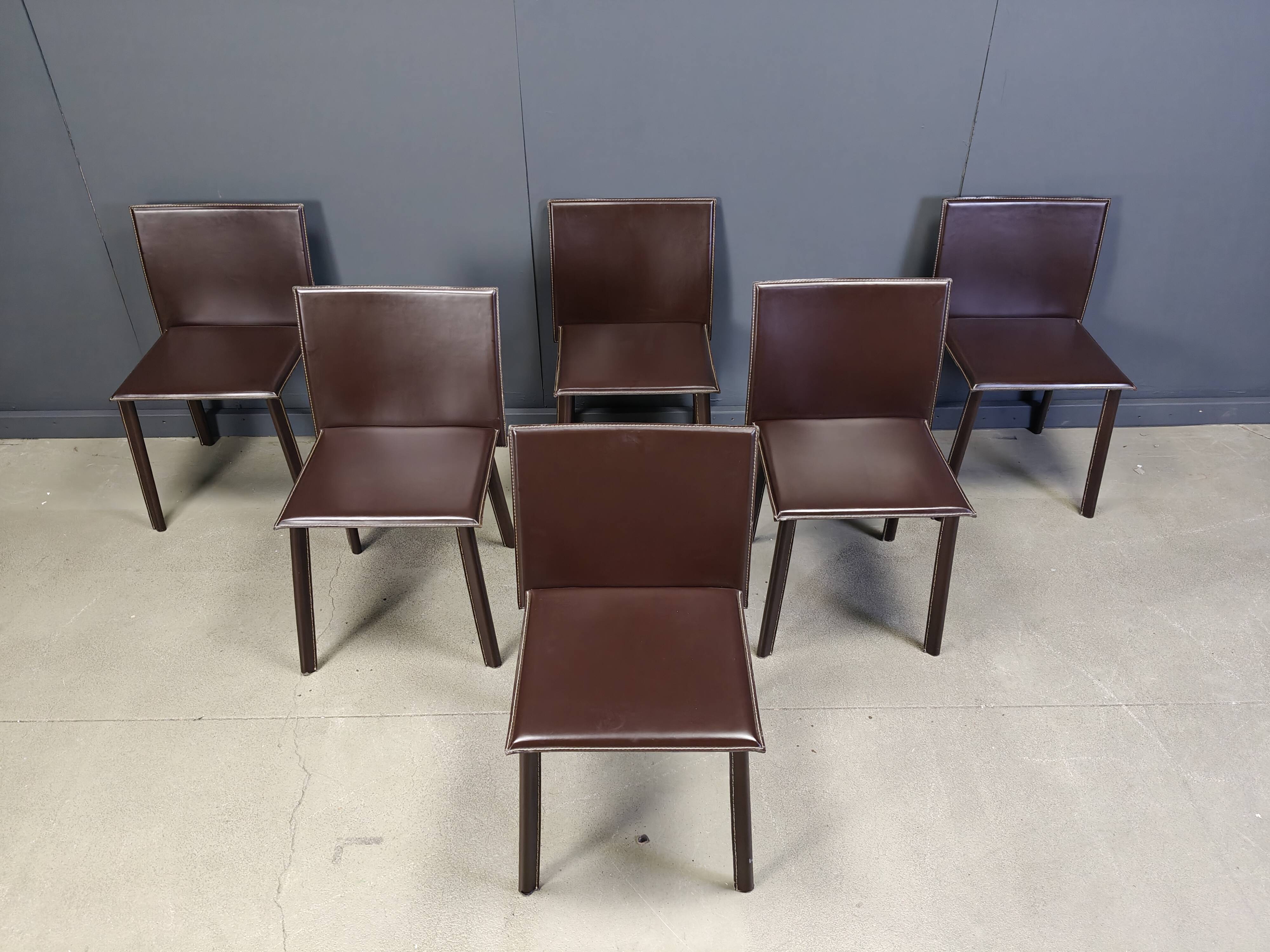 Vintage brown leather dining chairs, set of 6, 1980s