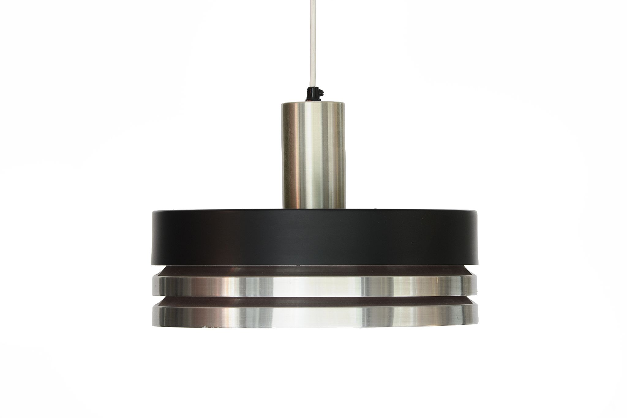 Pendant light in brushed aluminium and black by Carl Thore for Granhaga. Sweden 1960s.