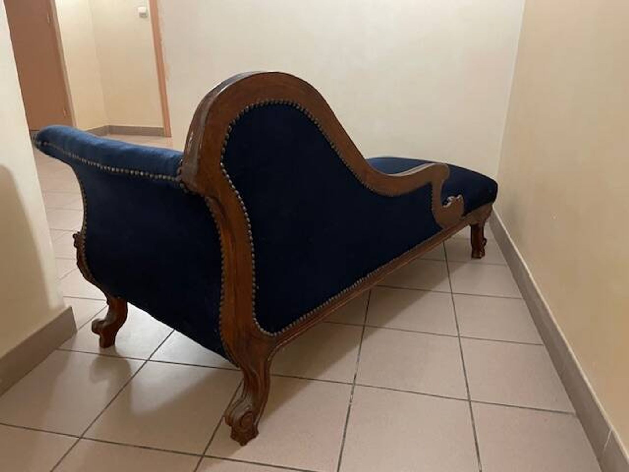 Mahogany and blue velvet daybed