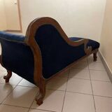 Chaise Longue Meridienne Right Side Mahogany Wood & Blue Velvet