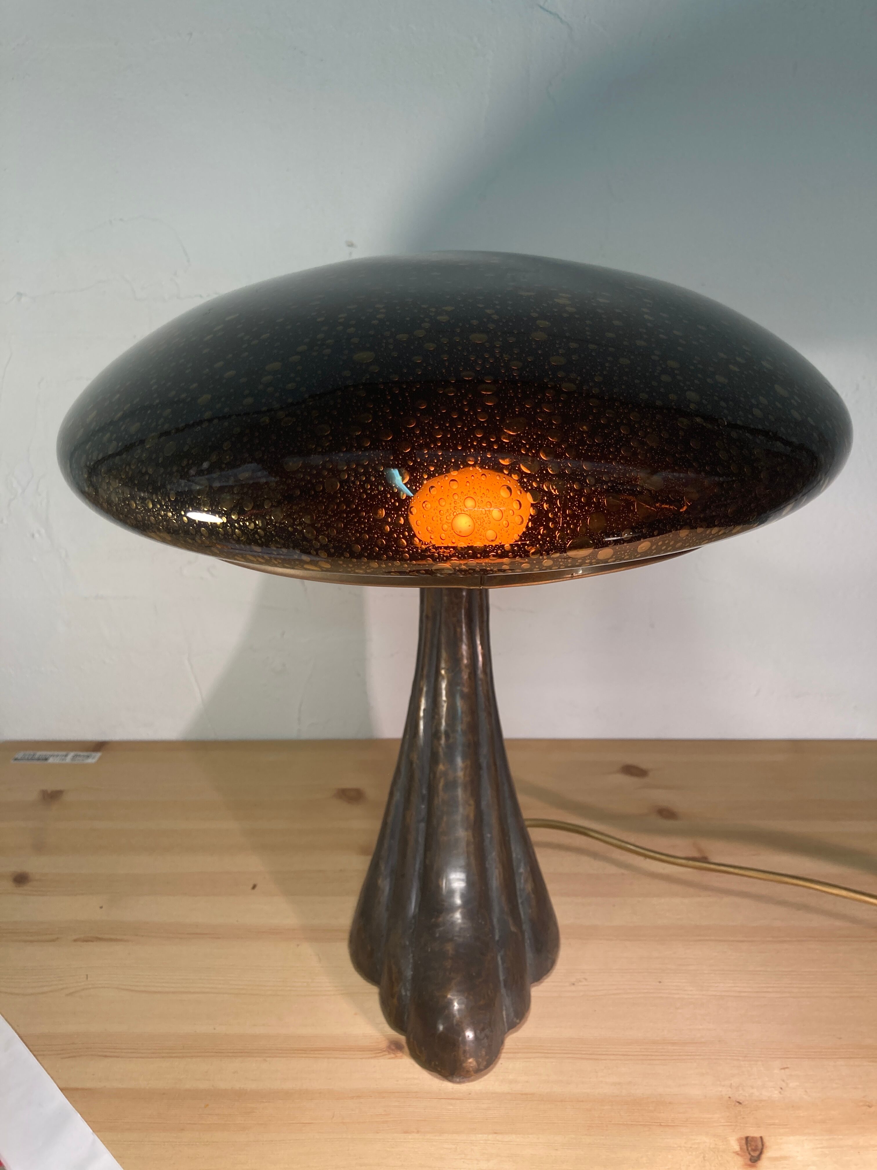 Art Deco organic mushroom bronze Murano bubble glass desk lamp