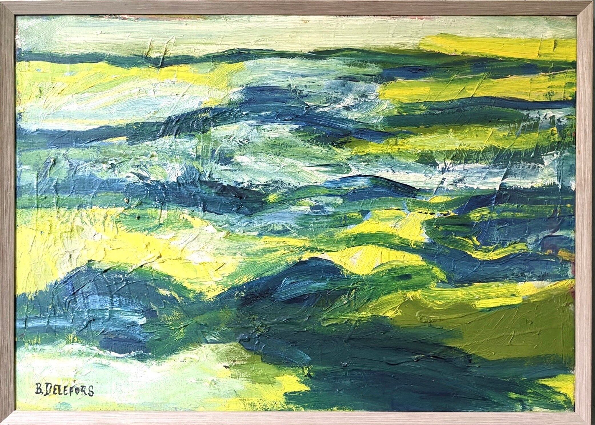 Mid-Century Modern Swedish "Waves" Vintage Abstract Oil Painting, Framed
