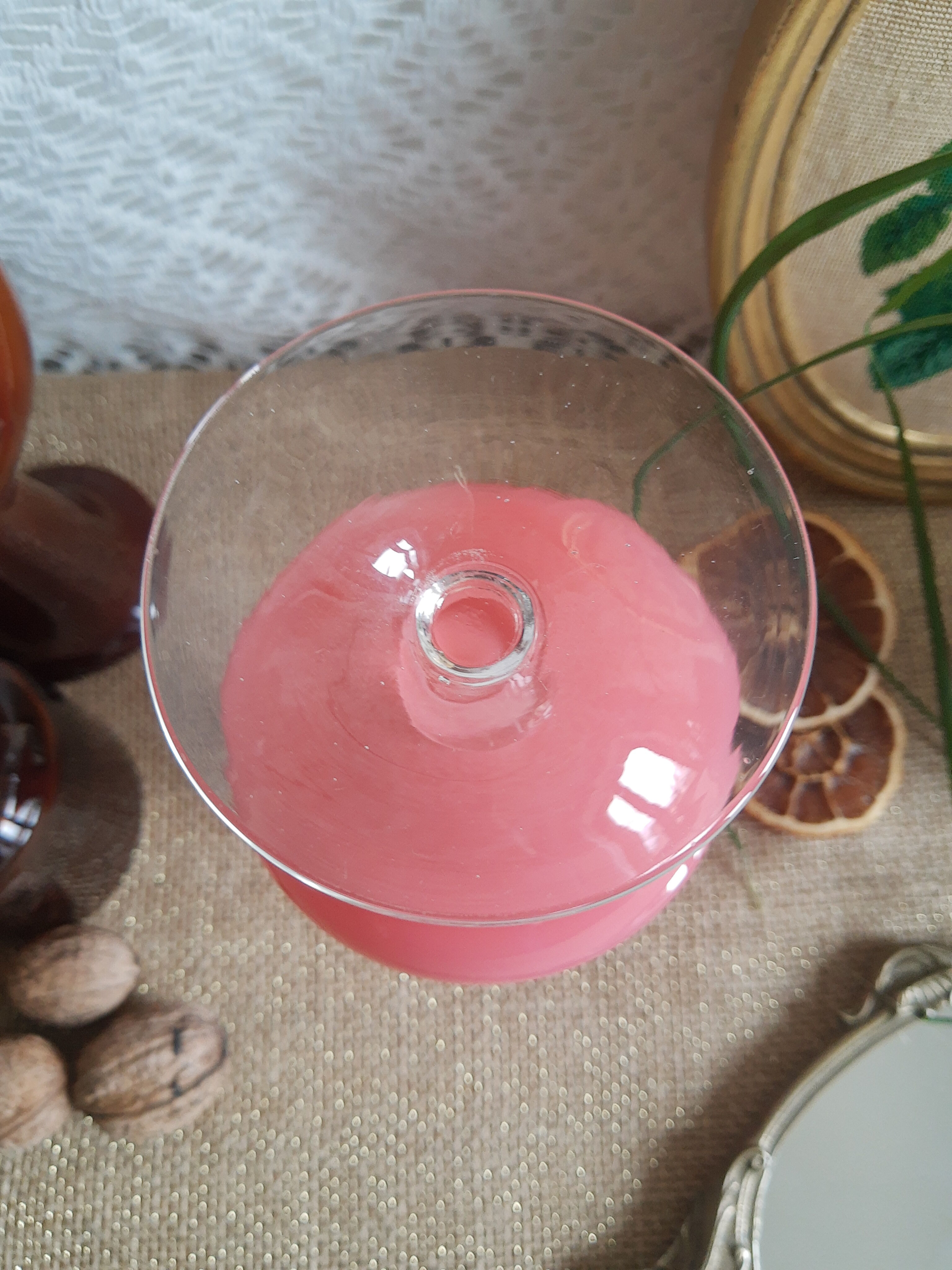 Pink opaline soliflore vase and vintage transparent foot