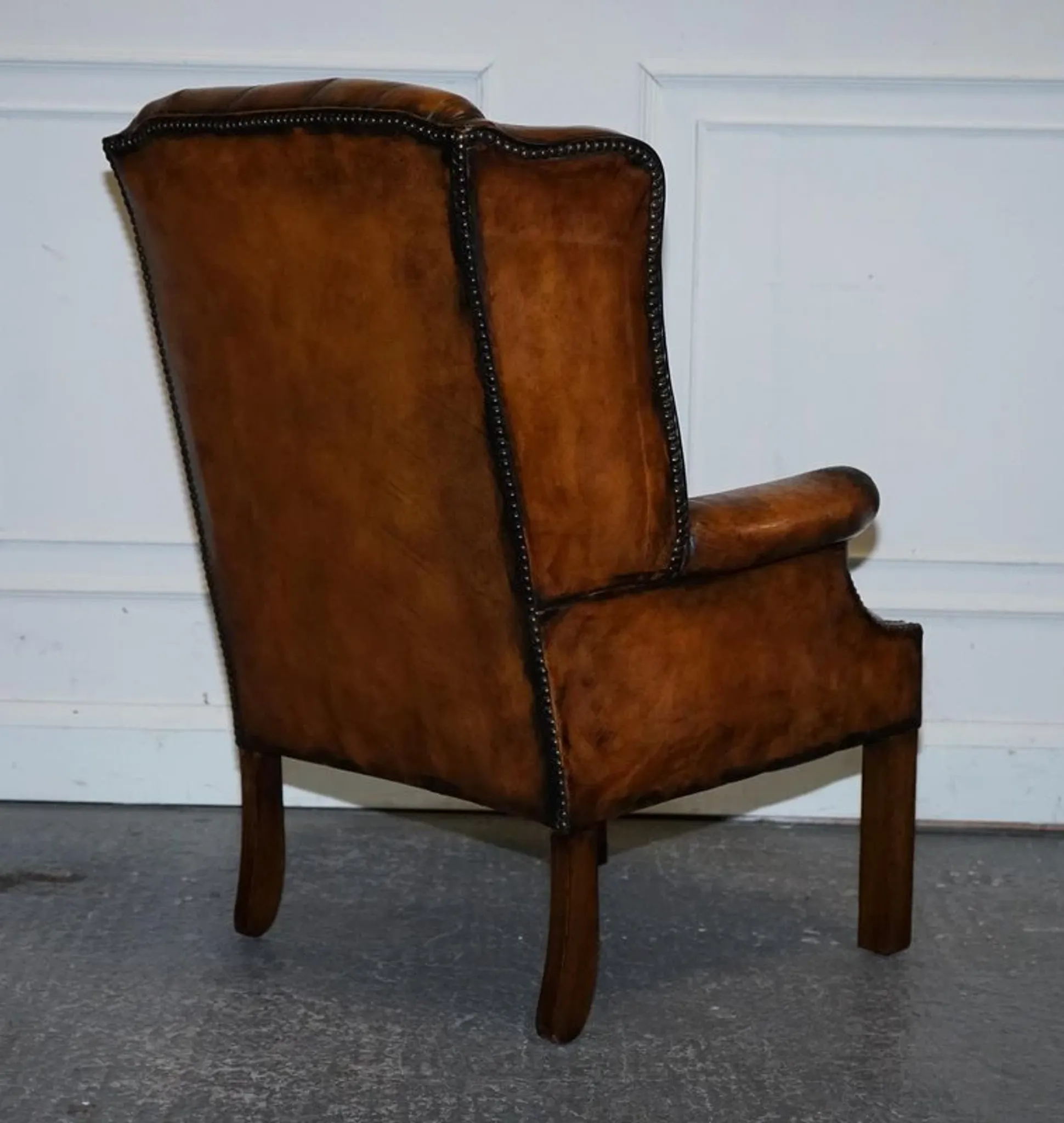 Chesterfield Wingback Armchair Set in Hand-Dyed Brown Leather, 1960s