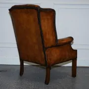 Chesterfield Wingback Armchair Set in Hand-Dyed Brown Leather, 1960s