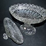 Large oval bonbonnière/dragee dish in molded crystal with diamond and pearl decoration, circa 1900