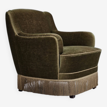 1970s, Danish armchair, original upholstery, olive green velour.