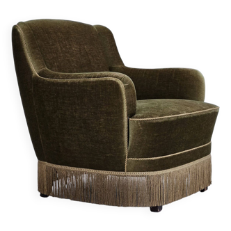 Fauteuil danois, revêtement d'origine, velours vert olive.