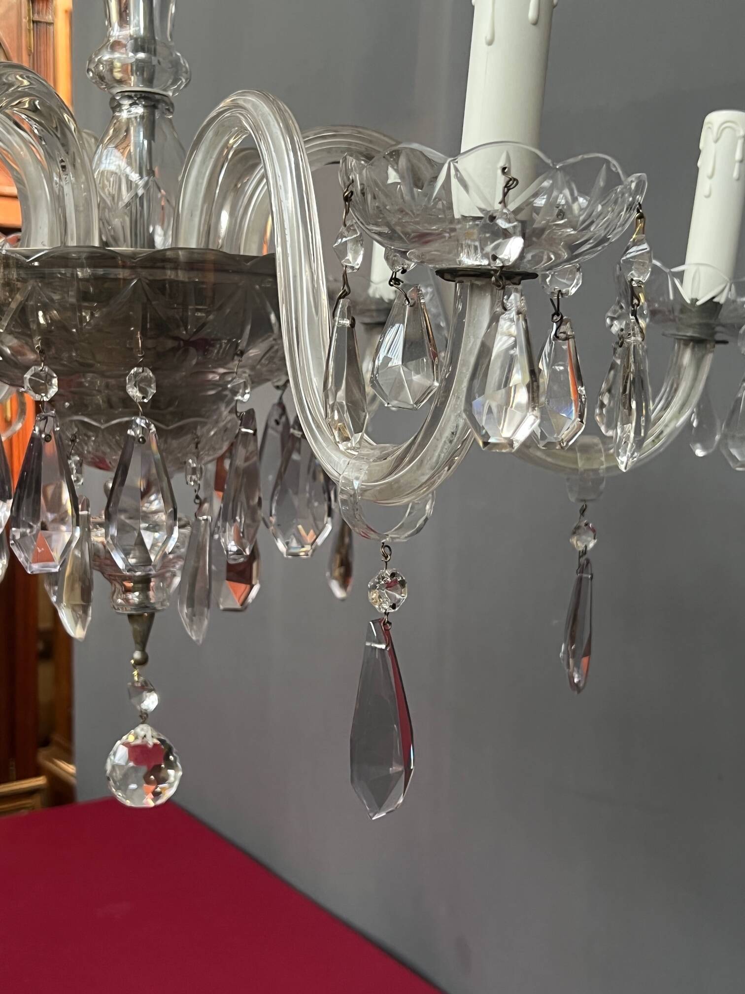 Venetian chandelier decorated with clear crystal and rare coloured crystal.