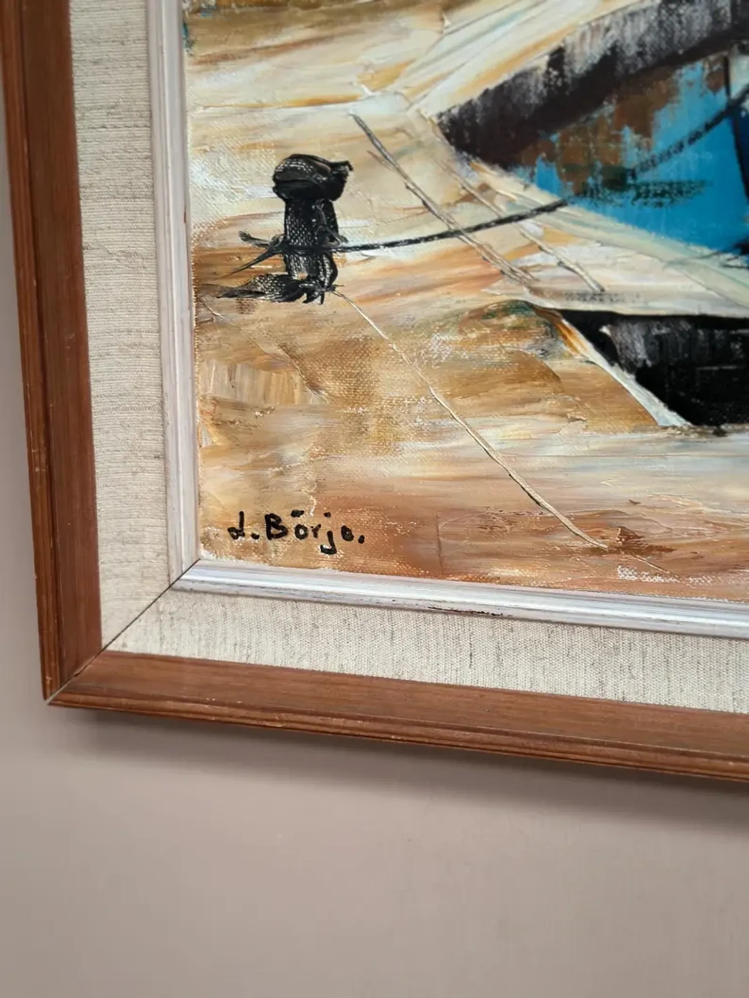 Original Swedish Oil on Canvas – “Boats” by Lennart Börje – Signed – Vintage & Framed 88.5 cm x 48.5 cm (34.8" × 19")