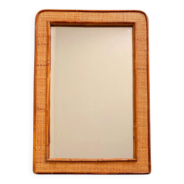 Miroir large en rotin et roseau à crayon des années 1970, Espagne