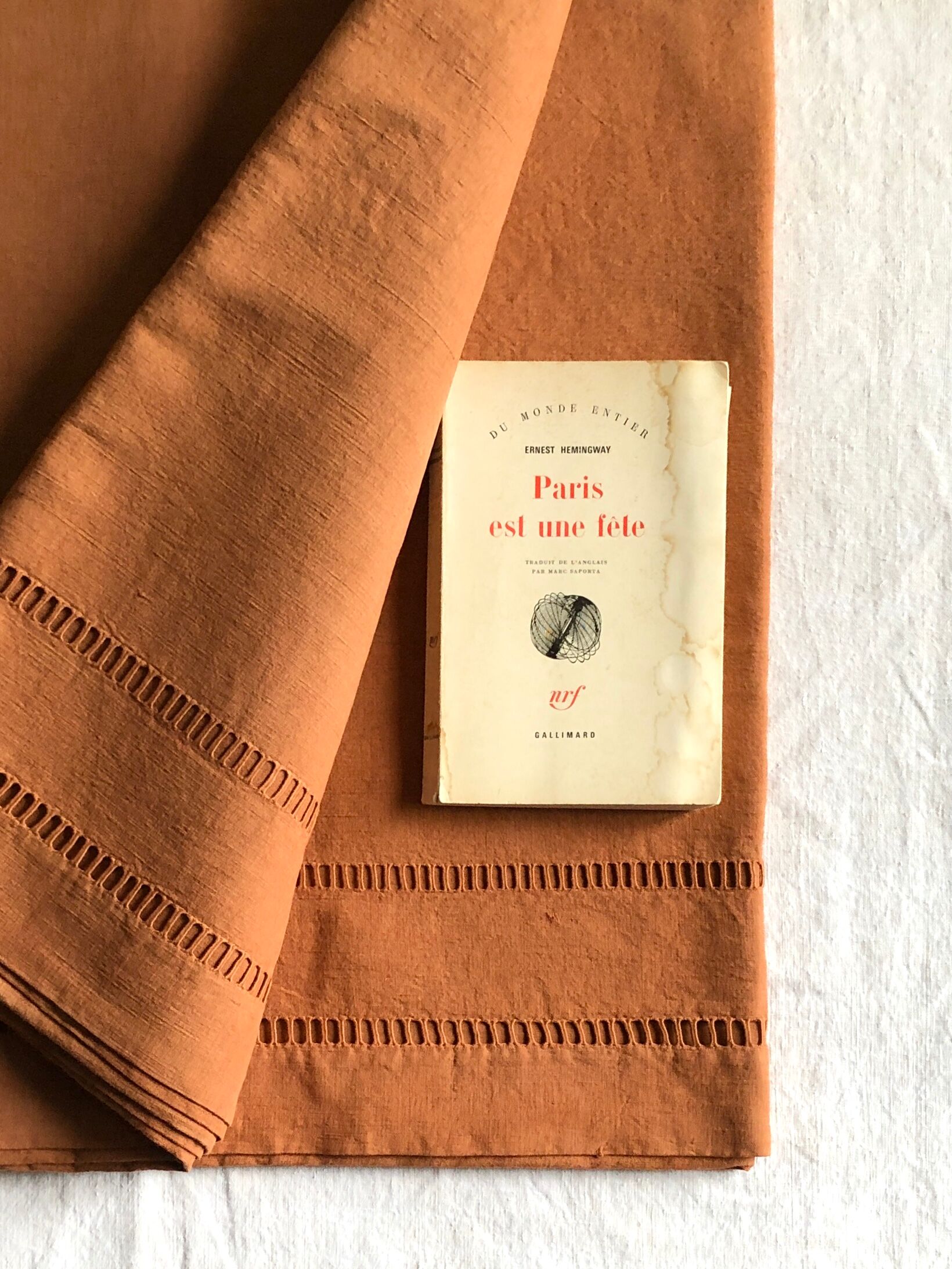 Antique linen and cotton towel dyed terracotta