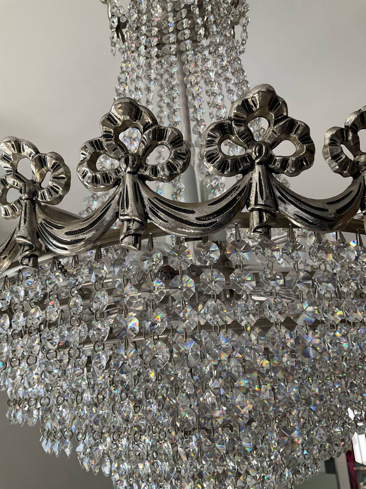 Hot air balloon chandelier in silver bronze and crystal tassels