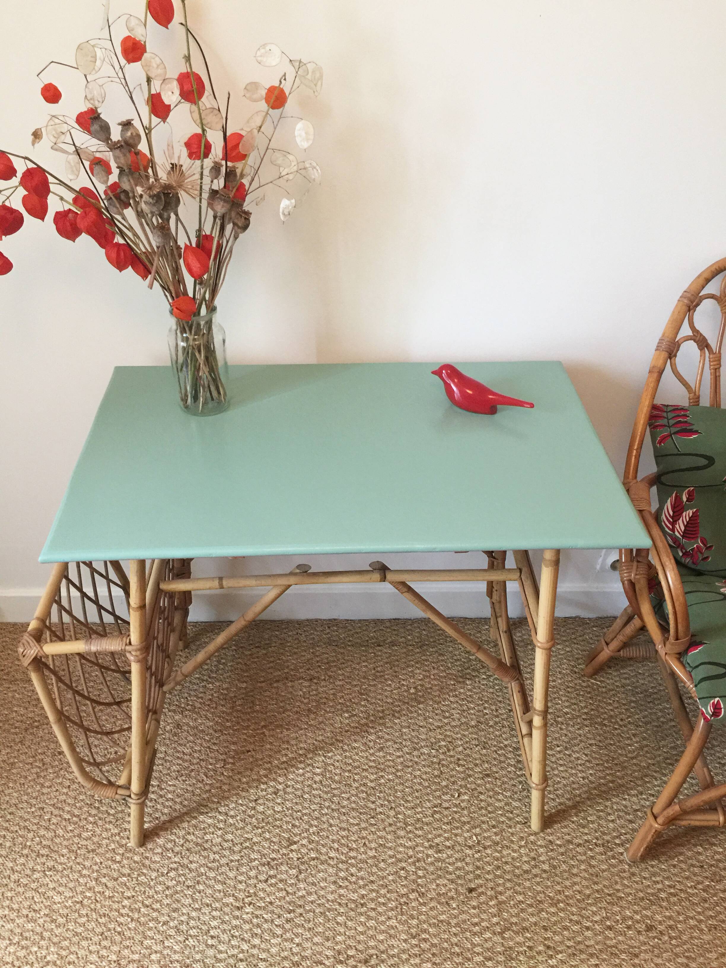 Desk mint green vintage 60s/70s Wicker rattan