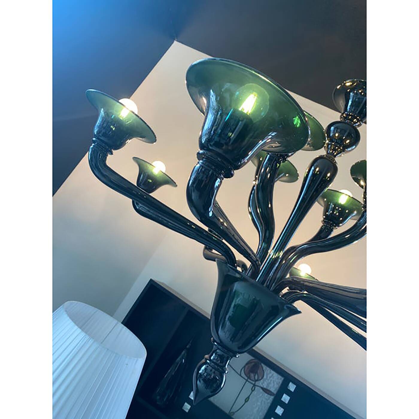 Contemporary Translucent Green-Petrol Glass Chandelier
