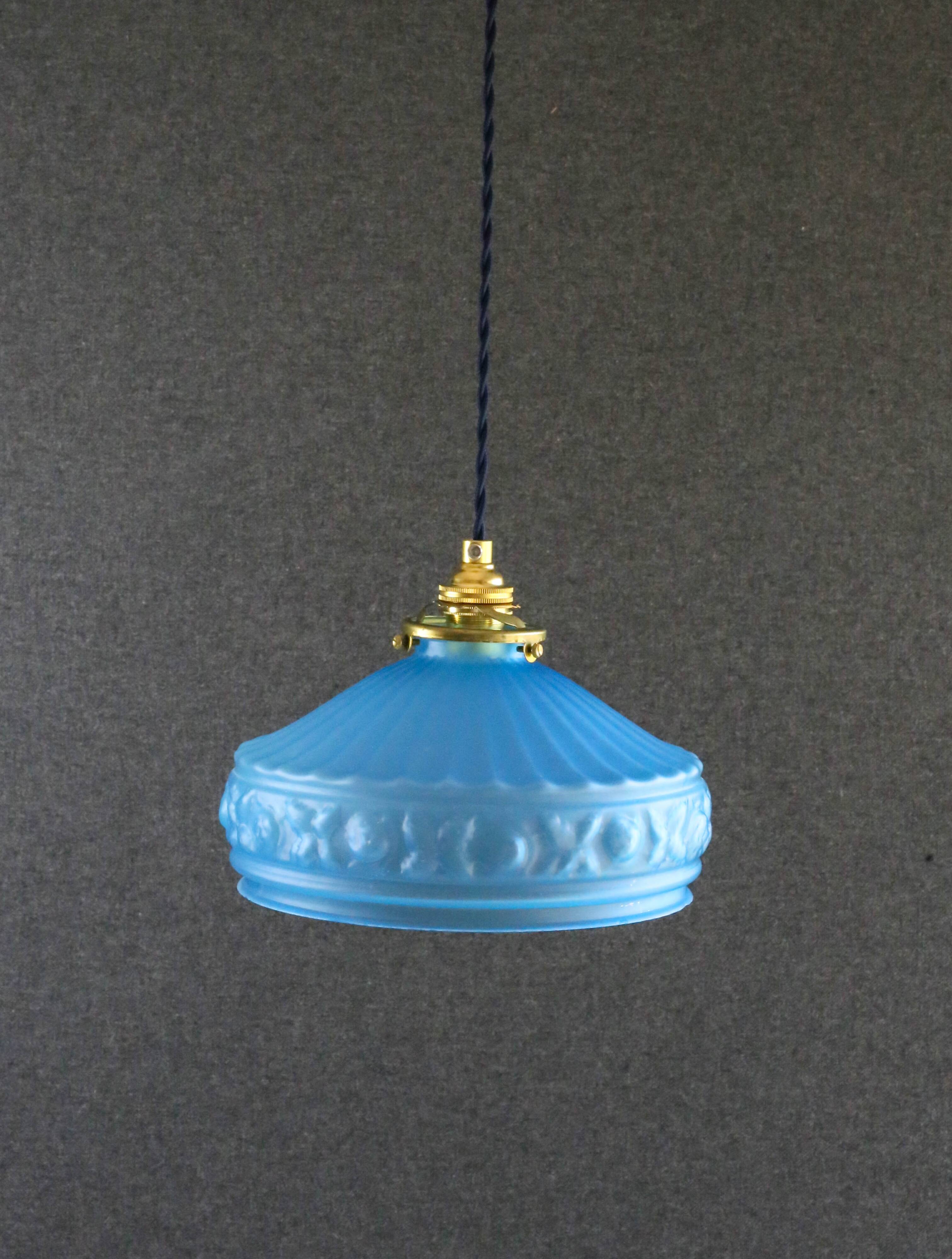 Old pendant lamp in blue translucent glass - circa 1930 - delivered with