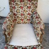 Antique Louis XV style shepherdess armchair in floral flocked fabric