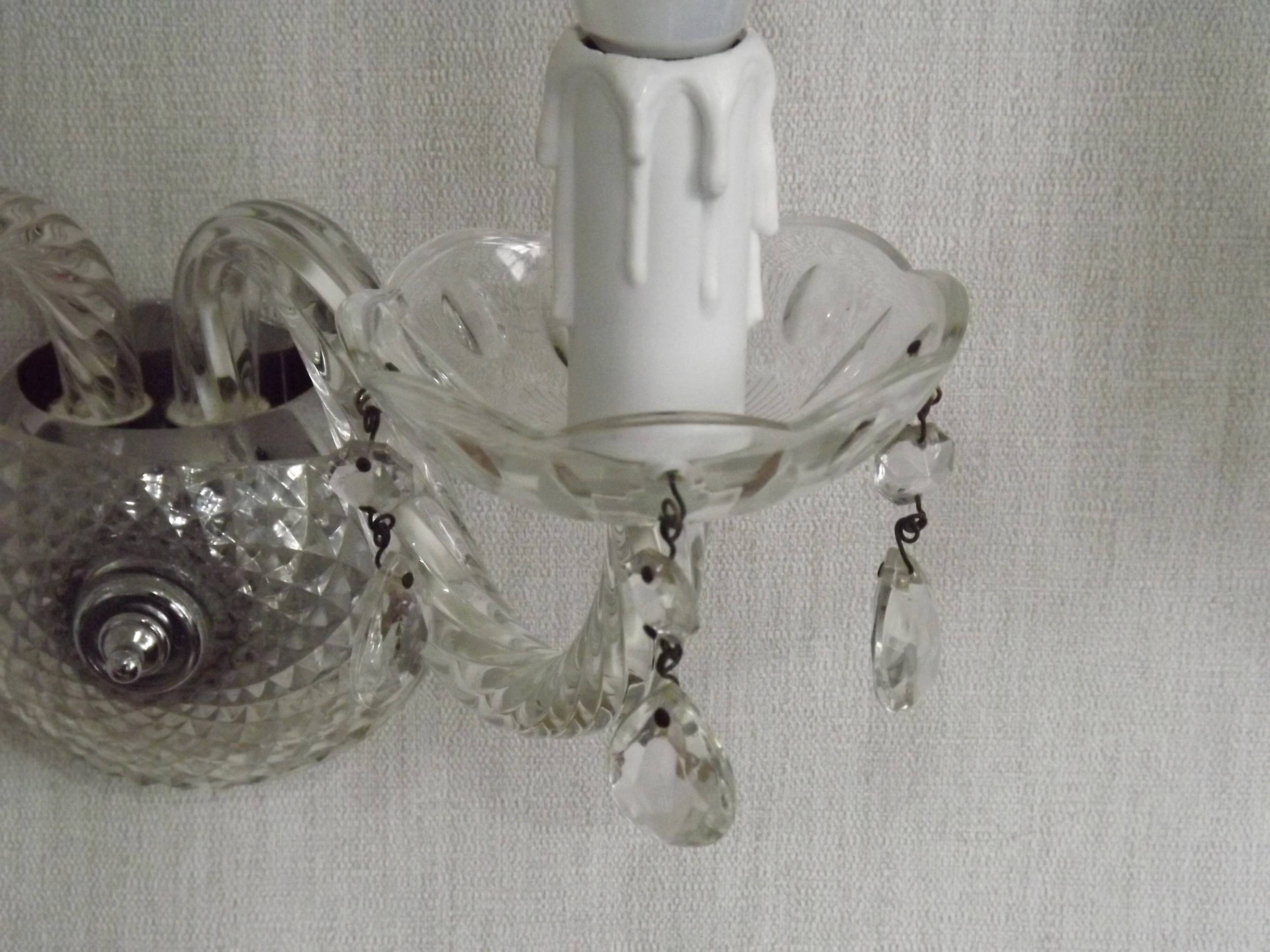 Pair of French vintage double crystal wall lights with barley twist glass arms.