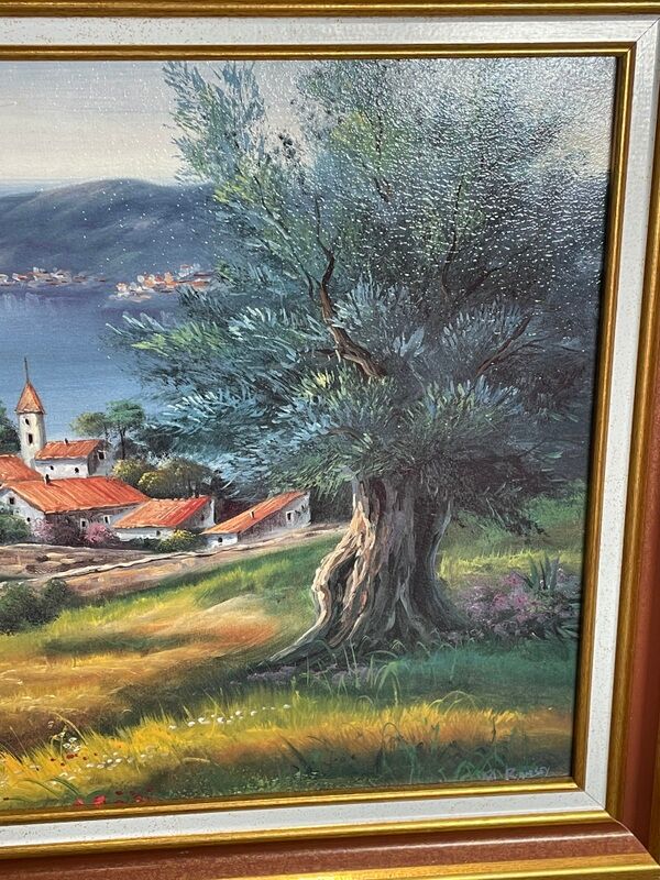 Landscape hamlet sea view - oil or acrylic on canvas , signed Ramsey