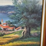 Landscape hamlet sea view - oil or acrylic on canvas , signed Ramsey