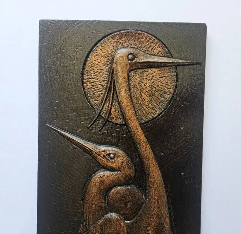 Rare Wall Wood Relief Sculpture of Herons, 1960s