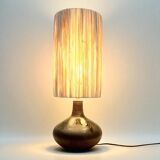 Vintage design lamp base in brown pyrite stoneware with raffia lampshade 1970