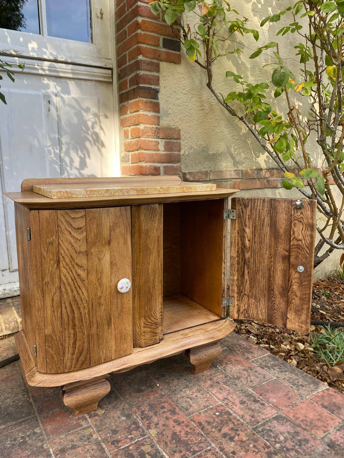 Small accent table / Art Deco bedside table in solid oak and beige marble