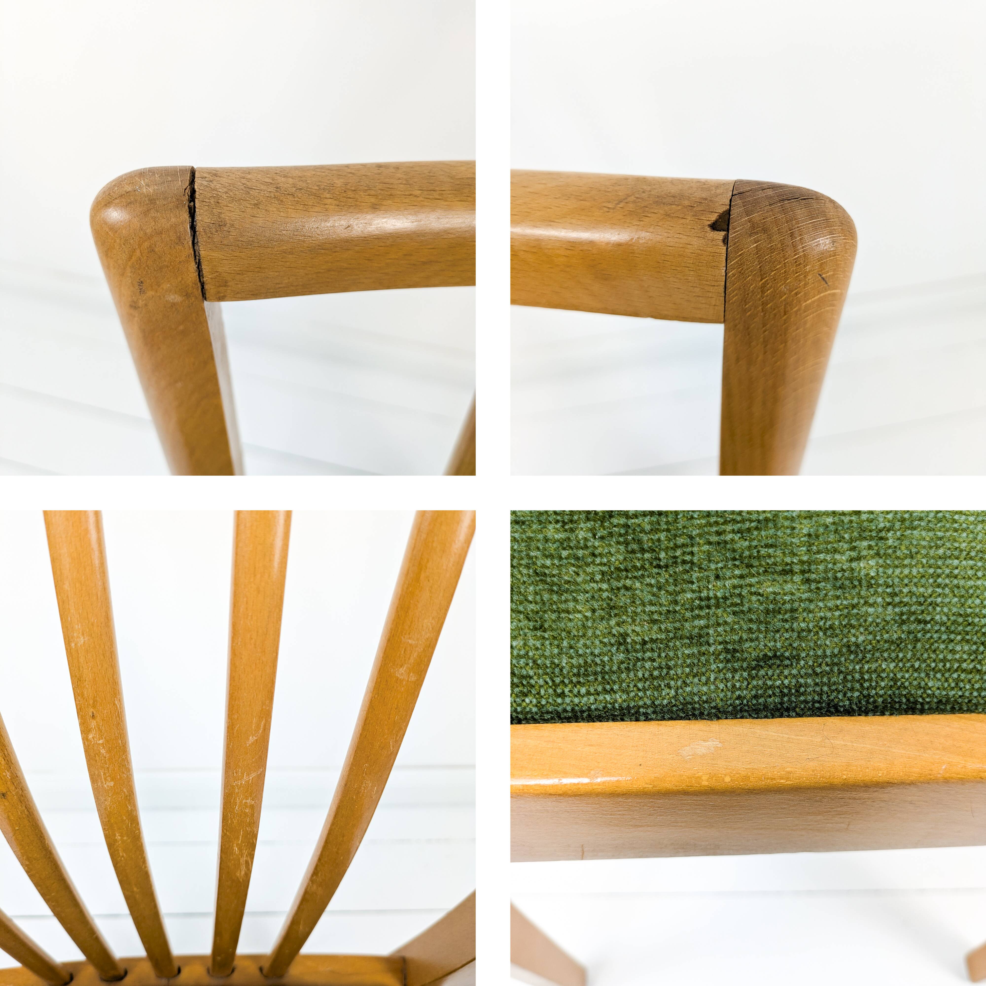 Lot de 4 chaises Mid-Century à barreaux, tissu vert foncé