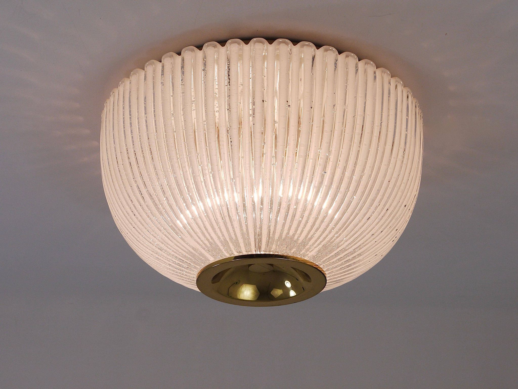 Large striped glass ceiling lamp in brass, Limburg, Germany, 1970s.