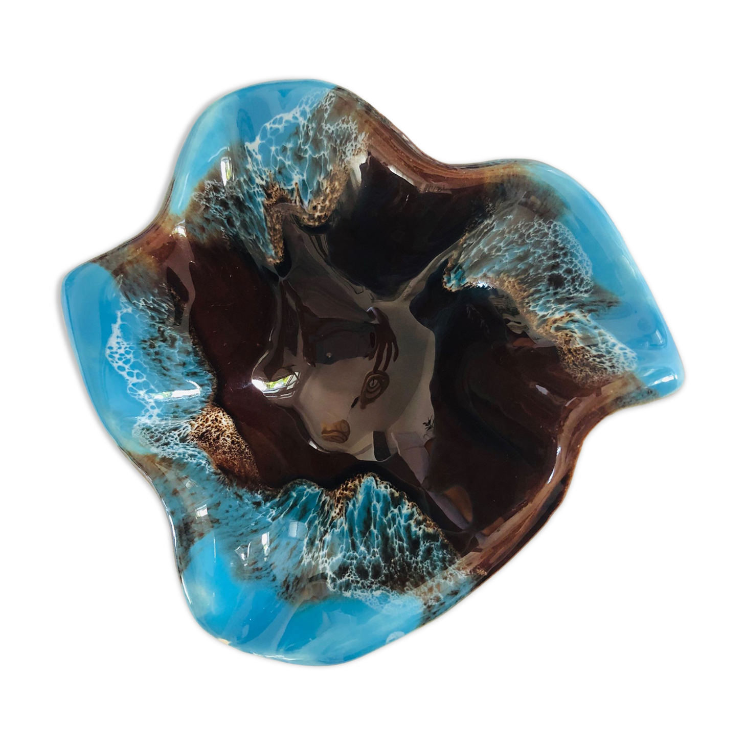 Blue and brown flamed vintage ashtray