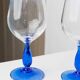 Set of 4 vintage Italian glass wine glasses, clear bowls with royal blue stems, 1980s MCM style