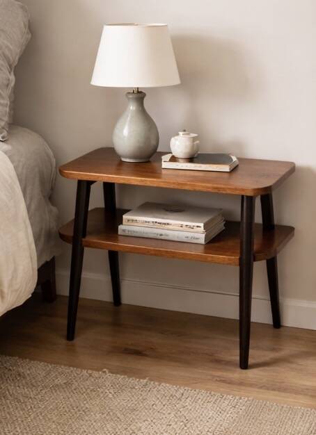 Table d’appoint / chevet scandinave à double plateau Suède 1960
