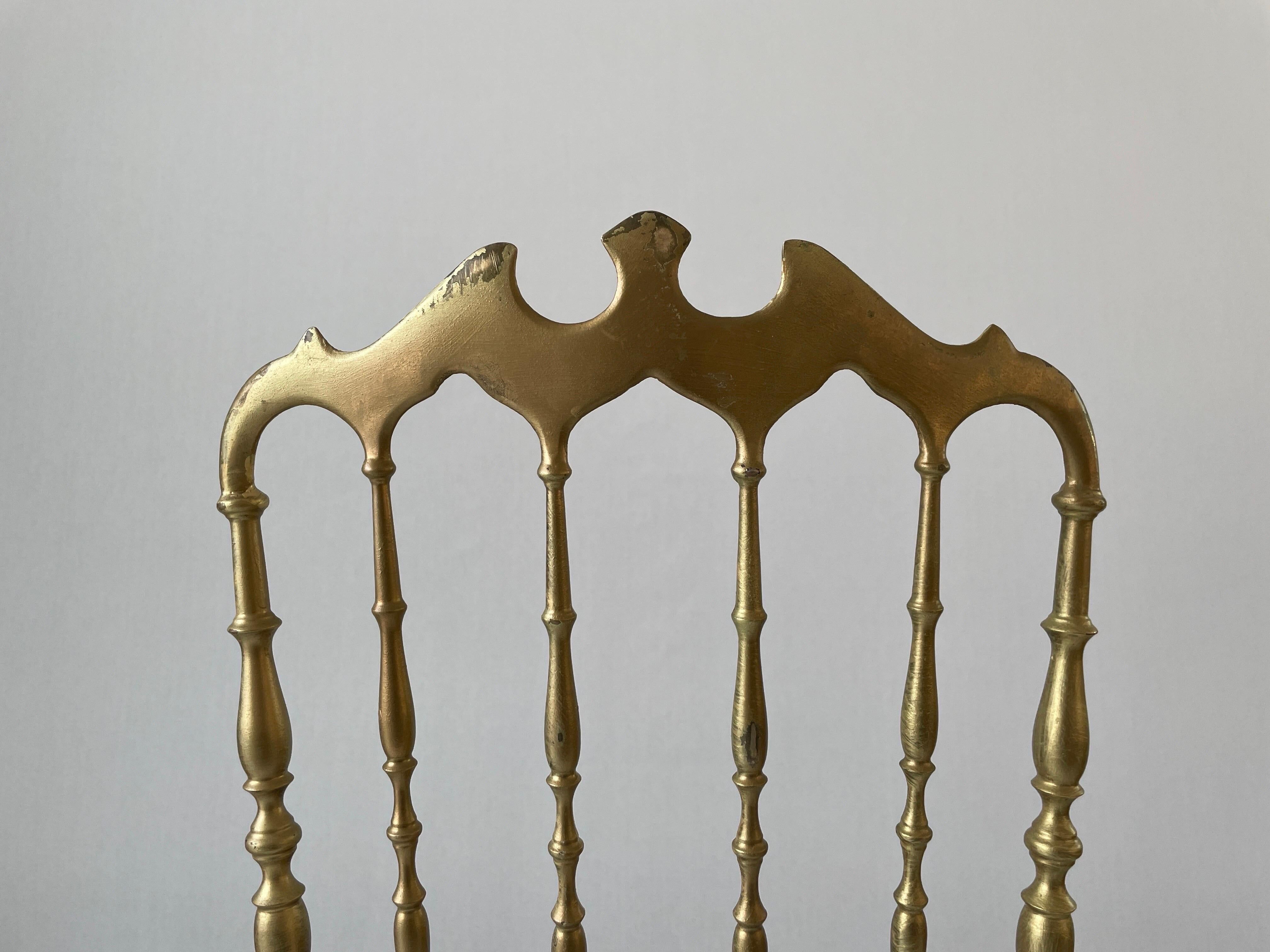 Set of 3 Chiavari chairs in brass with velvet seat and high back, 1950s, Italy.