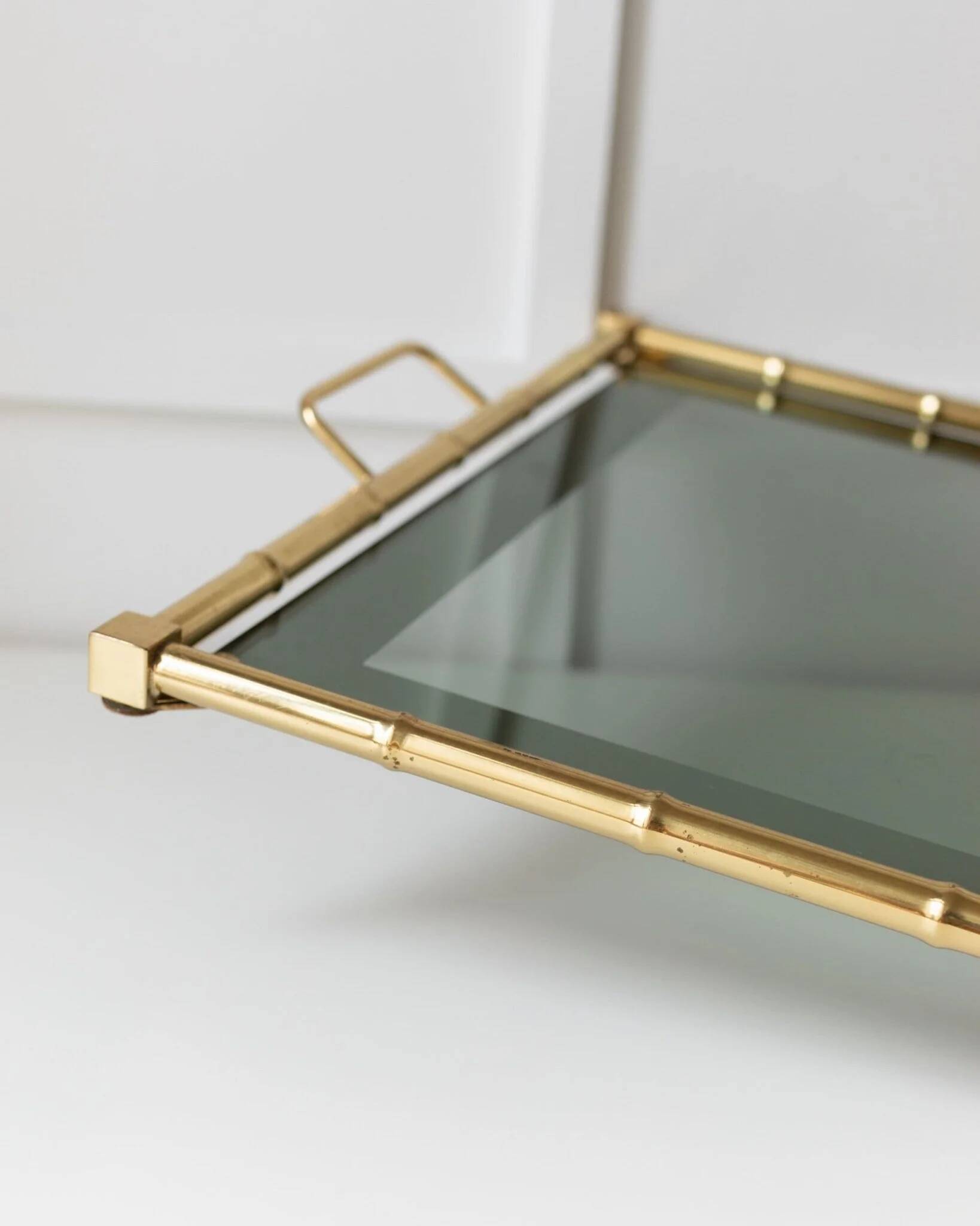 Doré Gold-Plated Bamboo Tray with Smoked Glass Insert – Hollywood Regency, 1960s
