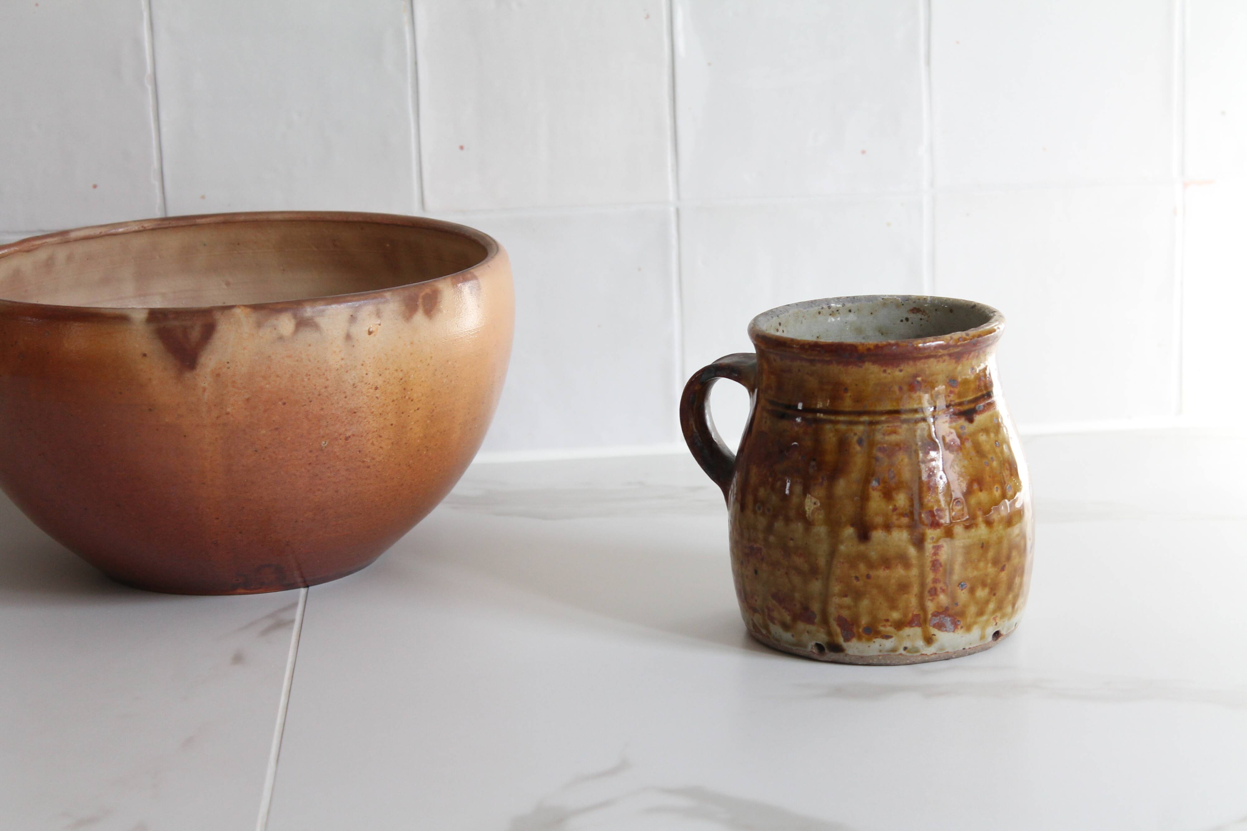 Ancient ceramic cream pot, pyrite stoneware, glazed from La Borne, France.