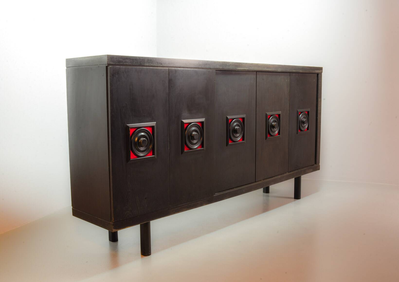 Large Brutalist Black Highboard with Red Accents Belgium 60s
