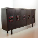 Large Brutalist Black Highboard with Red Accents Belgium 60s