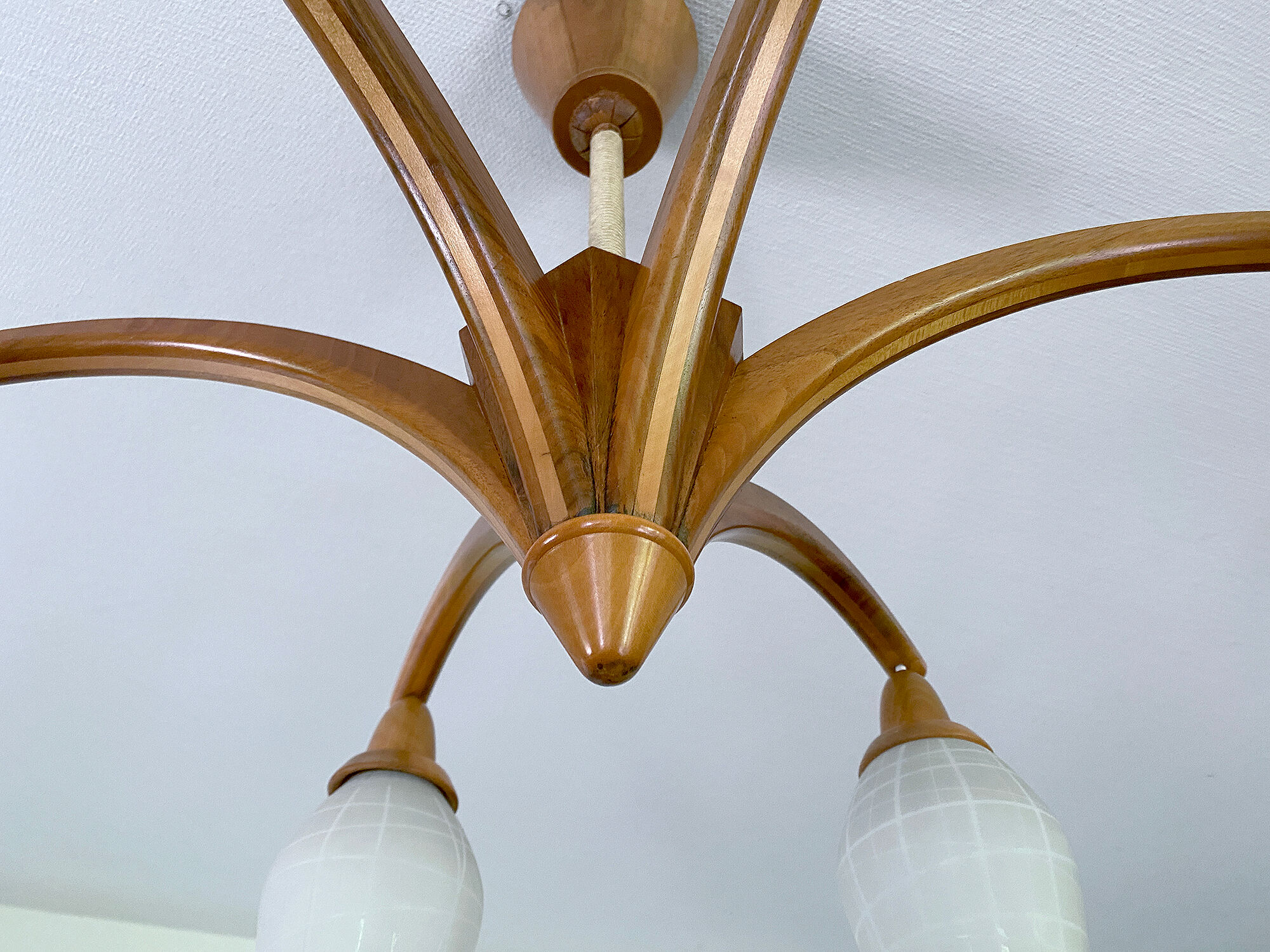 Vintage Pendant Lamp Scandinavian Temde, Wood and Opal Glass, 60s