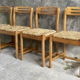 Set of 4 straw chairs in light wood - design 1970