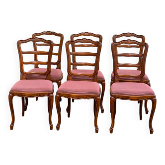 6 solid wood chairs with pink fabric in Louis XV style
