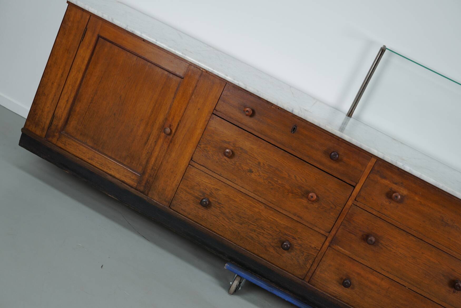 Large Antique Art Deco German Oak & Marble Chocolate Shop Counter, 1920s